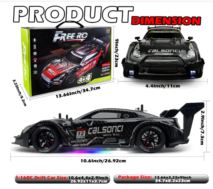 1:16 RC Drift Car 2.4GHz Spray 4WD LED Lights 30+KM/H High Speed Remote Control Car 2 Batteries 60Min Infinitely Variable Speed Drift Car Toys for Adults and Kids (Black 1:16)