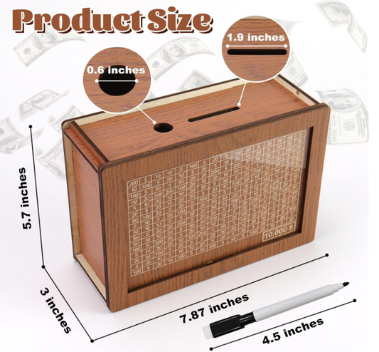 Challenge Box for Kids Adults,10 000 Wooden Piggy Bank with Money Target & Numbers,Money Box for Cash Saving 10000 Dollar, Birthday Xmas Gifts for Boys Girls