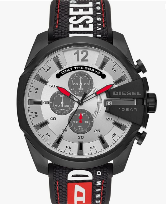 Diesel Mega Chief Stainless Steel and Nylon Chronograph Men's Watch, Color: Black Logo (Model: DZ4512)