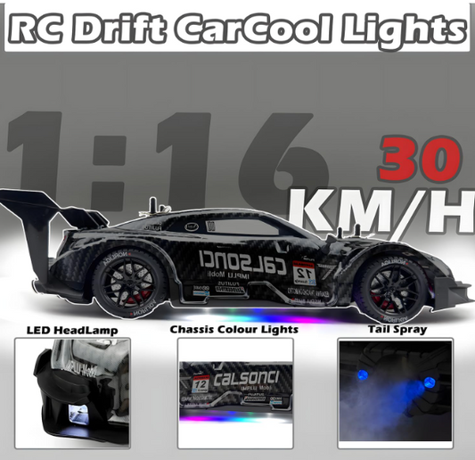 1:16 RC Drift Car 2.4GHz Spray 4WD LED Lights 30+KM/H High Speed Remote Control Car 2 Batteries 60Min Infinitely Variable Speed Drift Car Toys for Adults and Kids (Black 1:16)